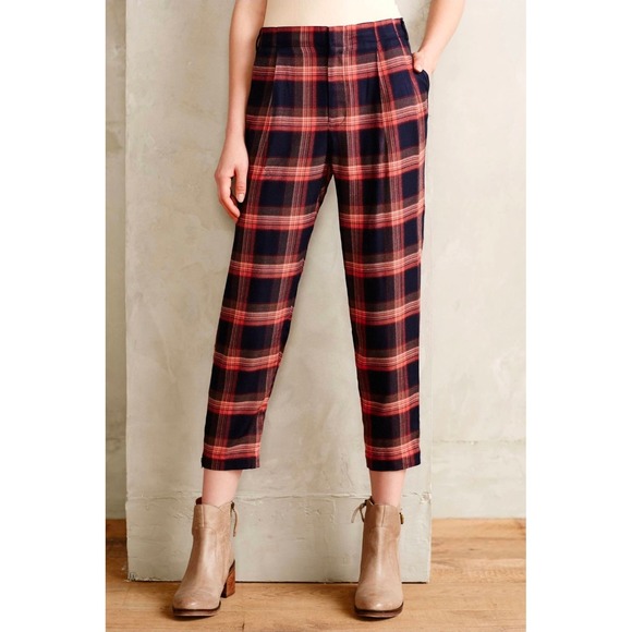 Cartonnier Pants - Cartonnier Anthropologie Plaid Ankle Zip Trousers Red Navy Size 2 Tapered Pants